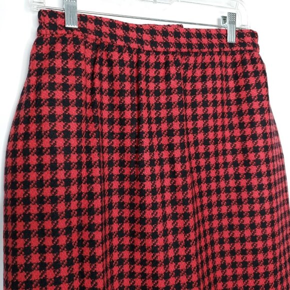 Womens Straight Midi Wool Skirt 6 Red Black Check Houndstooth Preppy Office - Picture 2 of 6